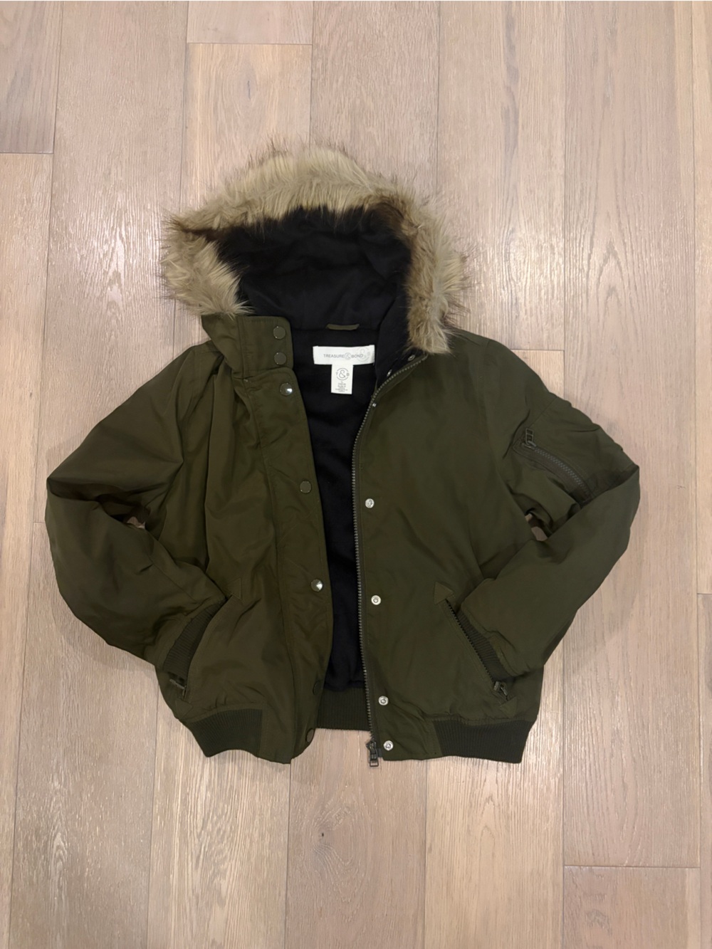 Girls Treasure & Bond Olive Green Bomber Jacket with Faux Fur Trim Hood